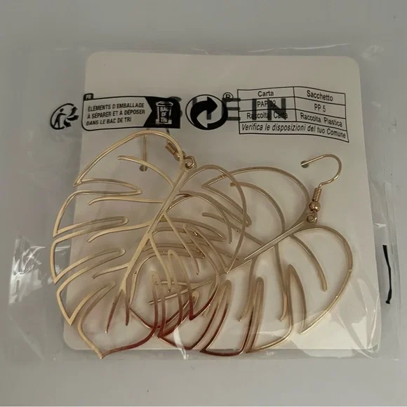 Golden Monstera Leaf Holographic Cut-out Dangle Earrings - Picture 2 of 6
